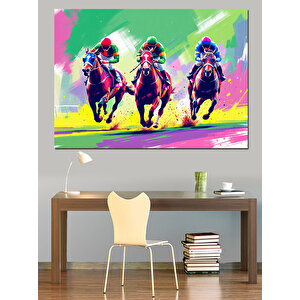 Renkli Yarışan Atlı Siluetler Dekoratif Kanvas - Mdf Ahşap Tablo 50x70 cm