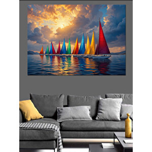 Renkli Yelkenli Deniz Manzarası Dekoratif Kanvas - Mdf Ahşap Tablo 100x140 cm