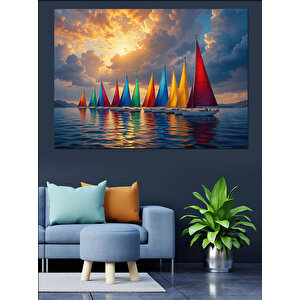 Renkli Yelkenli Deniz Manzarası Dekoratif Kanvas - Mdf Ahşap Tablo