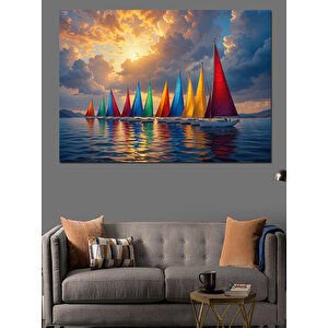Renkli Yelkenli Deniz Manzarası Dekoratif Kanvas - Mdf Ahşap Tablo