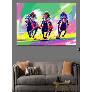 Renkli Yarışan Atlı Siluetler Dekoratif Kanvas - Mdf Ahşap Tablo 100x140 cm
