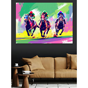 Renkli Yarışan Atlı Siluetler Dekoratif Kanvas - Mdf Ahşap Tablo