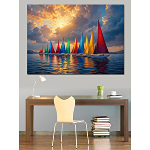 Renkli Yelkenli Deniz Manzarası Dekoratif Kanvas - Mdf Ahşap Tablo 35x50 cm