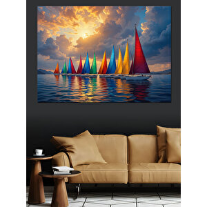 Renkli Yelkenli Deniz Manzarası Dekoratif Kanvas - Mdf Ahşap Tablo 35x50 cm