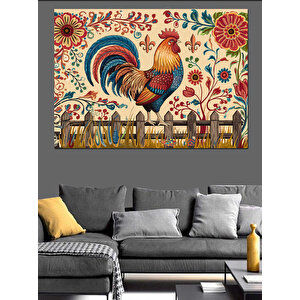 Halk Motifli Renkli Horoz Dekoratif Kanvas - Mdf Ahşap Tablo 35x50 cm