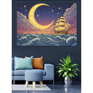 Deniz Üstünde Ay Manzarası Dekoratif Kanvas - Mdf Ahşap Tablo
