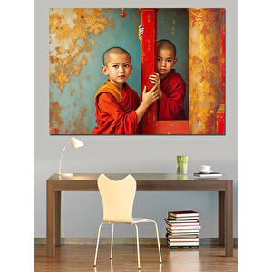 İpli Perde Ardında Çocuklar Dekoratif Kanvas - Mdf Ahşap Tablo 100x140 cm