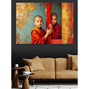 İpli Perde Ardında Çocuklar Dekoratif Kanvas - Mdf Ahşap Tablo 50x70 cm