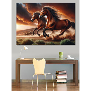 Koşan İki Güçlü At Dekoratif Kanvas - Mdf Ahşap Tablo 70x100 cm