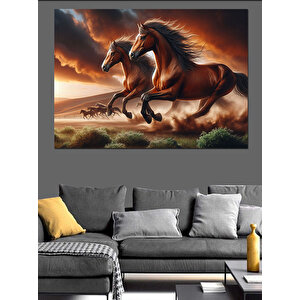 Koşan İki Güçlü At Dekoratif Kanvas - Mdf Ahşap Tablo 70x100 cm