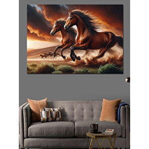Koşan İki Güçlü At Dekoratif Kanvas - Mdf Ahşap Tablo 100x140 cm