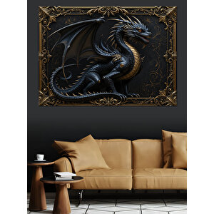 Altın Çerçevede Siyah Ejderha Heykeli Dekoratif Kanvas - Mdf Ahşap Tablo