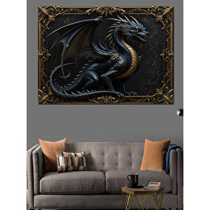 Altın Çerçevede Siyah Ejderha Heykeli Dekoratif Kanvas - Mdf Ahşap Tablo 100x140 cm