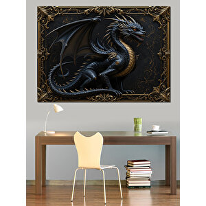 Altın Çerçevede Siyah Ejderha Heykeli Dekoratif Kanvas - Mdf Ahşap Tablo 100x140 cm