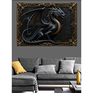 Altın Çerçevede Siyah Ejderha Heykeli Dekoratif Kanvas - Mdf Ahşap Tablo 100x140 cm