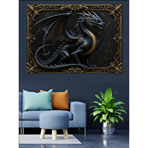 Altın Çerçevede Siyah Ejderha Heykeli Dekoratif Kanvas - Mdf Ahşap Tablo