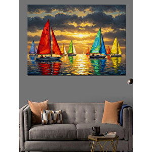 Renkli Yelkenliler Deniz Üstü Dekoratif Kanvas - Mdf Ahşap Tablo 100x140 cm