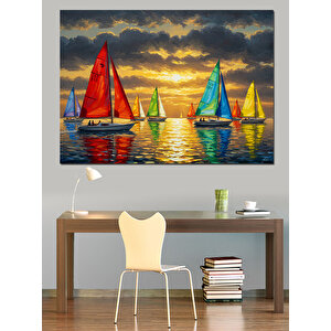 Renkli Yelkenliler Deniz Üstü Dekoratif Kanvas - Mdf Ahşap Tablo 100x140 cm