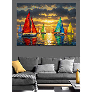 Renkli Yelkenliler Deniz Üstü Dekoratif Kanvas - Mdf Ahşap Tablo 100x140 cm
