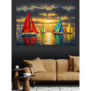 Renkli Yelkenliler Deniz Üstü Dekoratif Kanvas - Mdf Ahşap Tablo