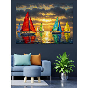 Renkli Yelkenliler Deniz Üstü Dekoratif Kanvas - Mdf Ahşap Tablo
