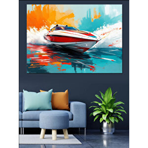Denizde Hızlı Sürat Teknesi Dekoratif Kanvas - Mdf Ahşap Tablo