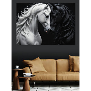 Siyah Beyaz Güçlü At Dekoratif Kanvas - Mdf Ahşap Tablo 100x140 cm