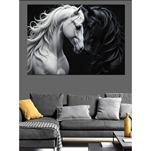 Siyah Beyaz Güçlü At Dekoratif Kanvas - Mdf Ahşap Tablo 50x70 cm