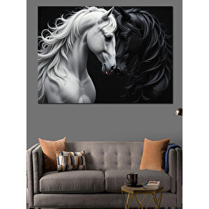 Siyah Beyaz Güçlü At Dekoratif Kanvas - Mdf Ahşap Tablo