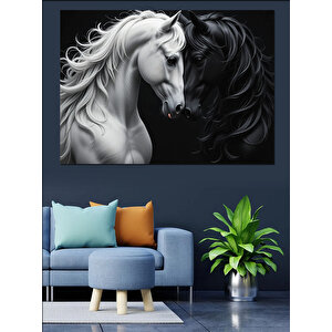 Siyah Beyaz Güçlü At Dekoratif Kanvas - Mdf Ahşap Tablo 35x50 cm