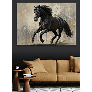 Koşan Siyah Güçlü At Dekoratif Kanvas - Mdf Ahşap Tablo 70x100 cm
