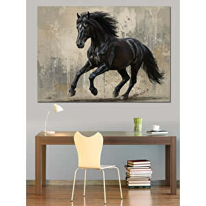 Koşan Siyah Güçlü At Dekoratif Kanvas - Mdf Ahşap Tablo 25x35 cm
