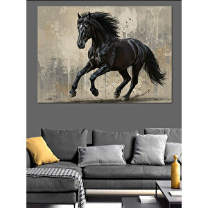 Koşan Siyah Güçlü At Dekoratif Kanvas - Mdf Ahşap Tablo 25x35 cm