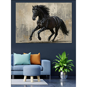 Koşan Siyah Güçlü At Dekoratif Kanvas - Mdf Ahşap Tablo