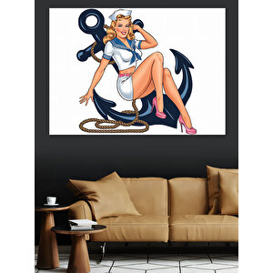 Retro Denizci Kız İllüstrasyonu Dekoratif Kanvas - Mdf Ahşap Tablo 35x50 cm