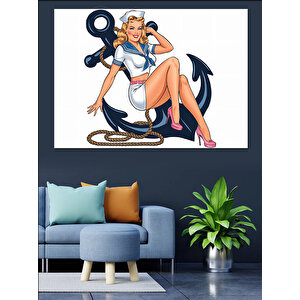 Retro Denizci Kız İllüstrasyonu Dekoratif Kanvas - Mdf Ahşap Tablo