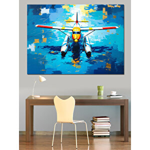 Renkli Deniz Uçağı İllüstrasyonu Dekoratif Kanvas - Mdf Ahşap Tablo 100x140 cm
