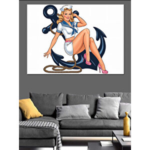 Retro Denizci Kız İllüstrasyonu Dekoratif Kanvas - Mdf Ahşap Tablo 50x70 cm