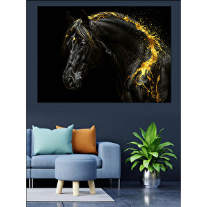 Parlayan Siyah Güçlü At Dekoratif Kanvas - Mdf Ahşap Tablo 70x100 cm