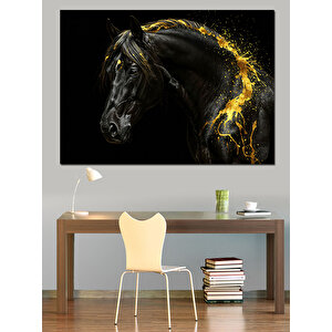 Parlayan Siyah Güçlü At Dekoratif Kanvas - Mdf Ahşap Tablo