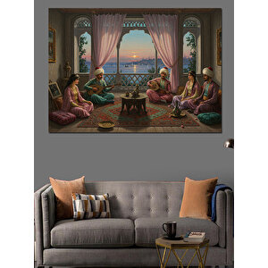 Perdeli Odada Sohbet Gecesi Dekoratif Kanvas - Mdf Ahşap Tablo 50x70 cm