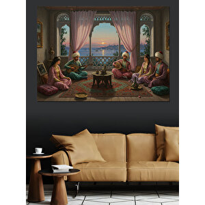 Perdeli Odada Sohbet Gecesi Dekoratif Kanvas - Mdf Ahşap Tablo 35x50 cm