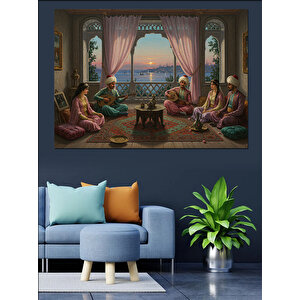 Perdeli Odada Sohbet Gecesi Dekoratif Kanvas - Mdf Ahşap Tablo 35x50 cm