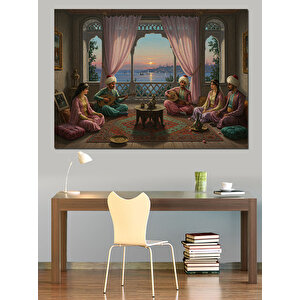 Perdeli Odada Sohbet Gecesi Dekoratif Kanvas - Mdf Ahşap Tablo