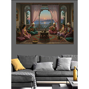 Perdeli Odada Sohbet Gecesi Dekoratif Kanvas - Mdf Ahşap Tablo