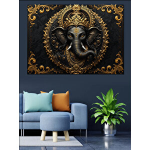 Altın Çerçeveli Ganesha Heykeli Dekoratif Kanvas - Mdf Ahşap Tablo 50x70 cm