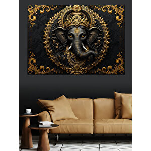 Altın Çerçeveli Ganesha Heykeli Dekoratif Kanvas - Mdf Ahşap Tablo 25x35 cm
