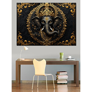 Altın Çerçeveli Ganesha Heykeli Dekoratif Kanvas - Mdf Ahşap Tablo