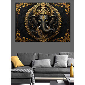 Altın Çerçeveli Ganesha Heykeli Dekoratif Kanvas - Mdf Ahşap Tablo
