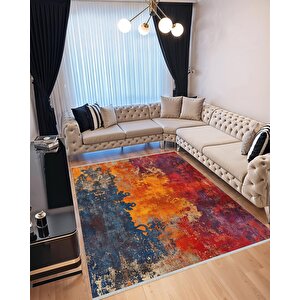 Yıkanabilir Halı – Kırmızı; Turuncu; Mavi; Bej – Soyut Desen, Pamuk Dokuma Taban, Makinede Yıkanabilir, Kolay Temizlenebilir, Toz Ve Tüy Tutmaz, Kaymaz, Evcil Hayvan Dostu